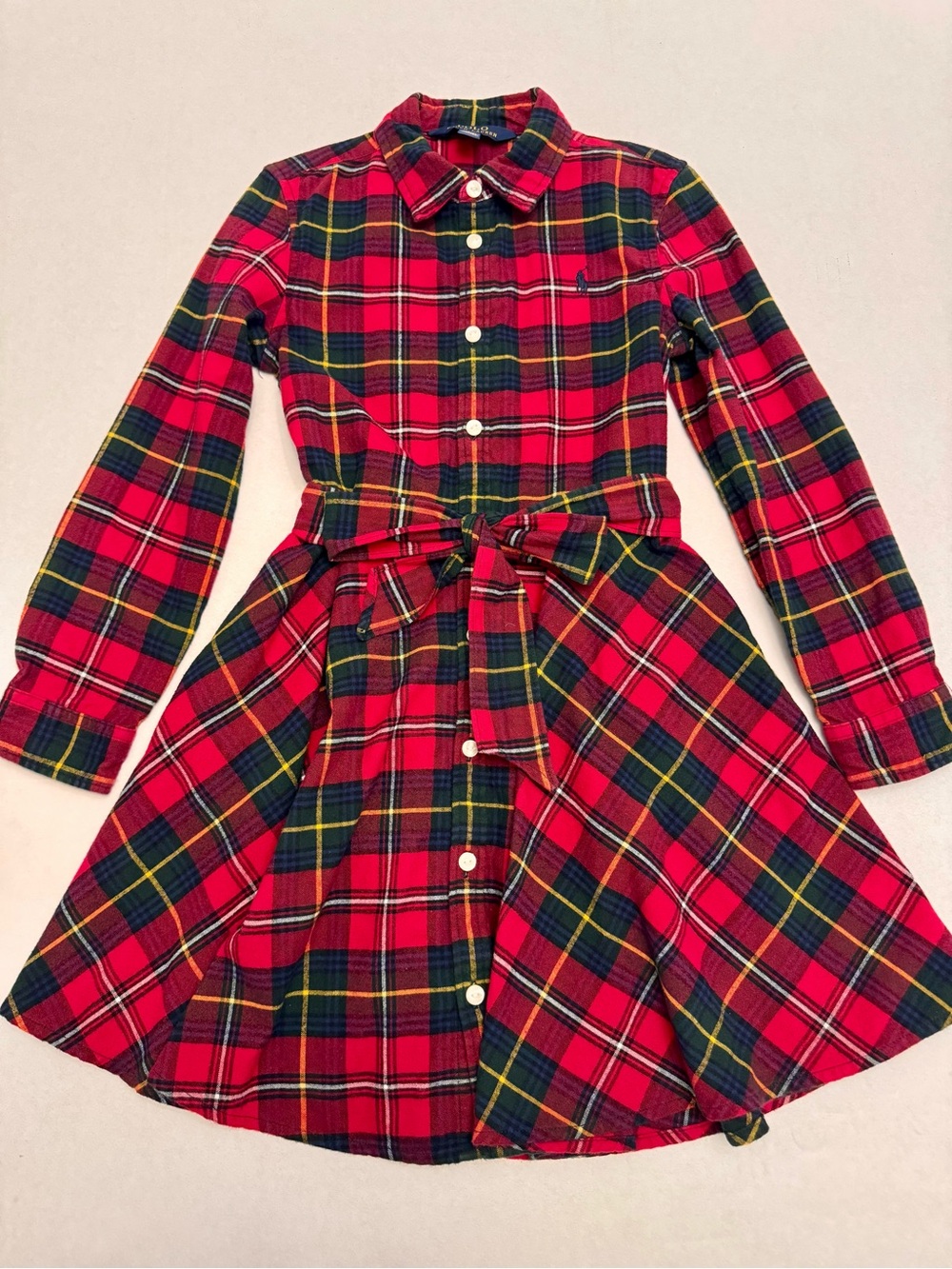 Polo Ralph Lauren Girls Red Green Tartan Plaid Belted Shirt Dress Size 6x